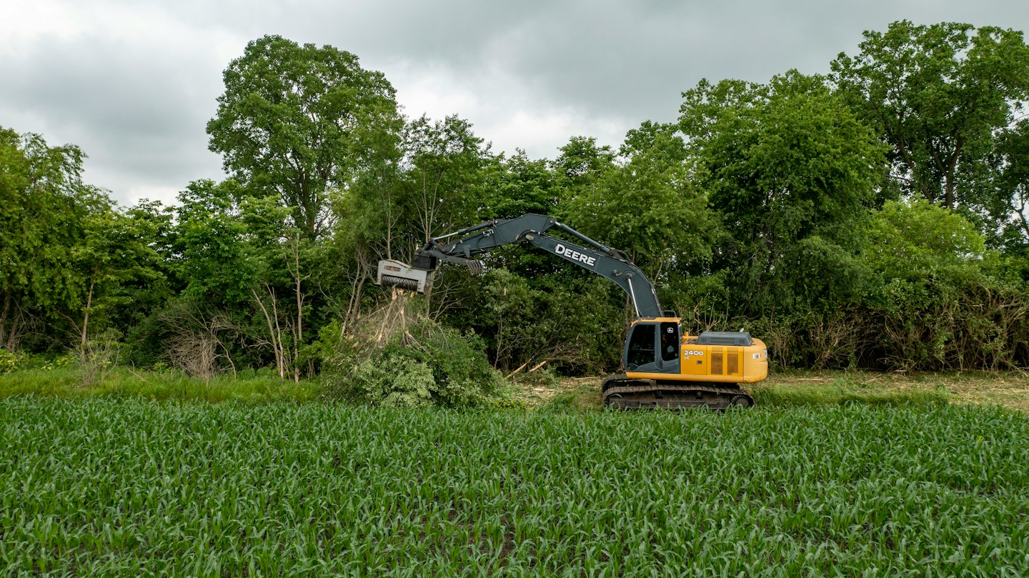 Excavadora amarilla triturando maleza densa en un campo rural.