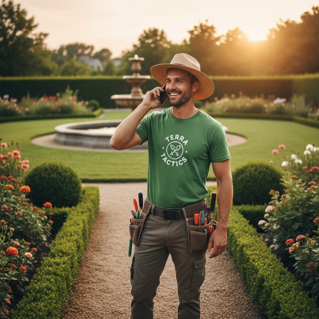 Un jardinero con sombrero de paja y camiseta verde con el logotipo de Terra Tactics habla por teléfono en un jardín formal al atardecer.