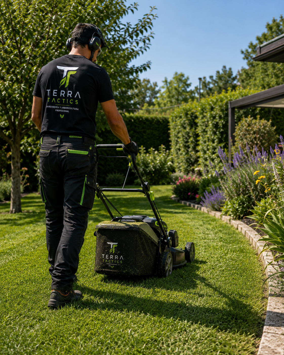 Jardinero profesional realizando mantenimiento de césped con cortacésped en Piera – Terra Tactics