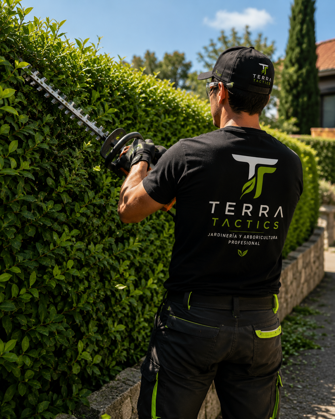 Jardinero profesional realizando poda y perfilado de setos en Piera – Terra Tactics